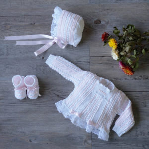 Heirloom hand knit and lace baby sweater set