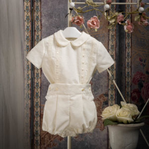 Embroidered batiste cotton buster suit with satin and lace