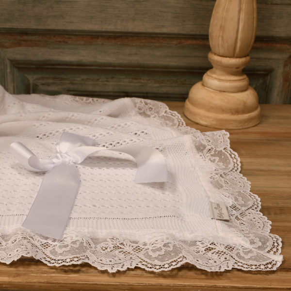 Christening fine knit shawl with lace