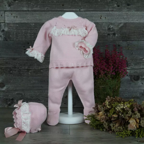 Conjunto tres piezas punto rosa empolvado