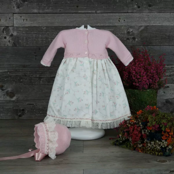 Combined knit and viyella dress with matching bonnet - Image 2