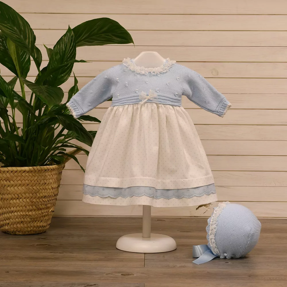 Combined knit and viyella dress with matching bonnet