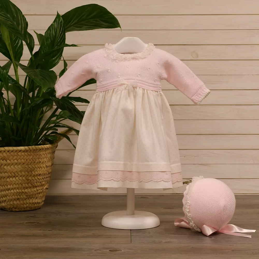 Combined knit and viyella dress with matching bonnet