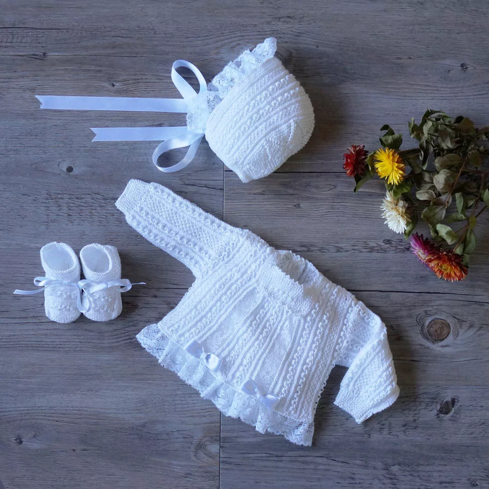 Heirloom hand knit and lace baby sweater set