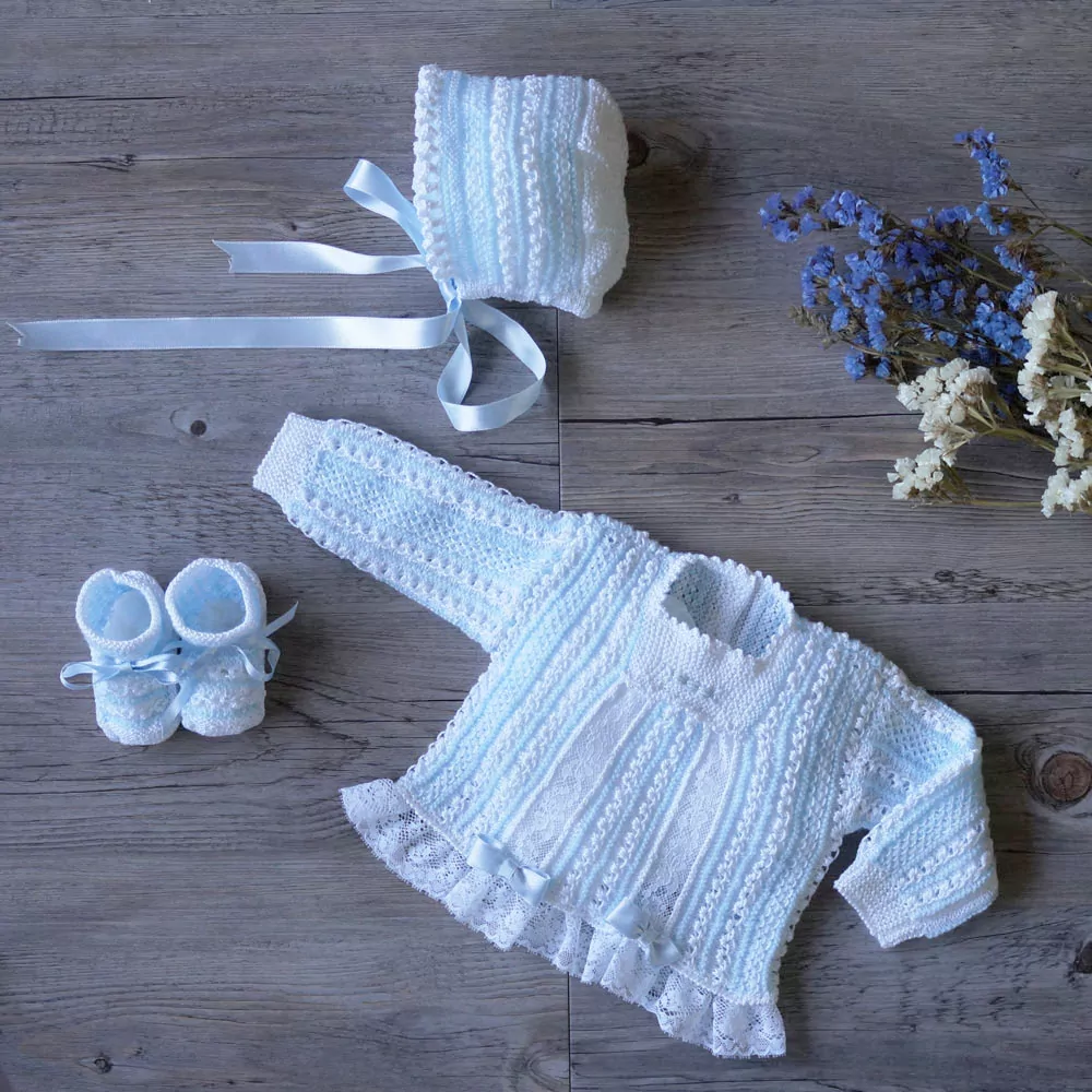 Heirloom hand knit and lace baby sweater set