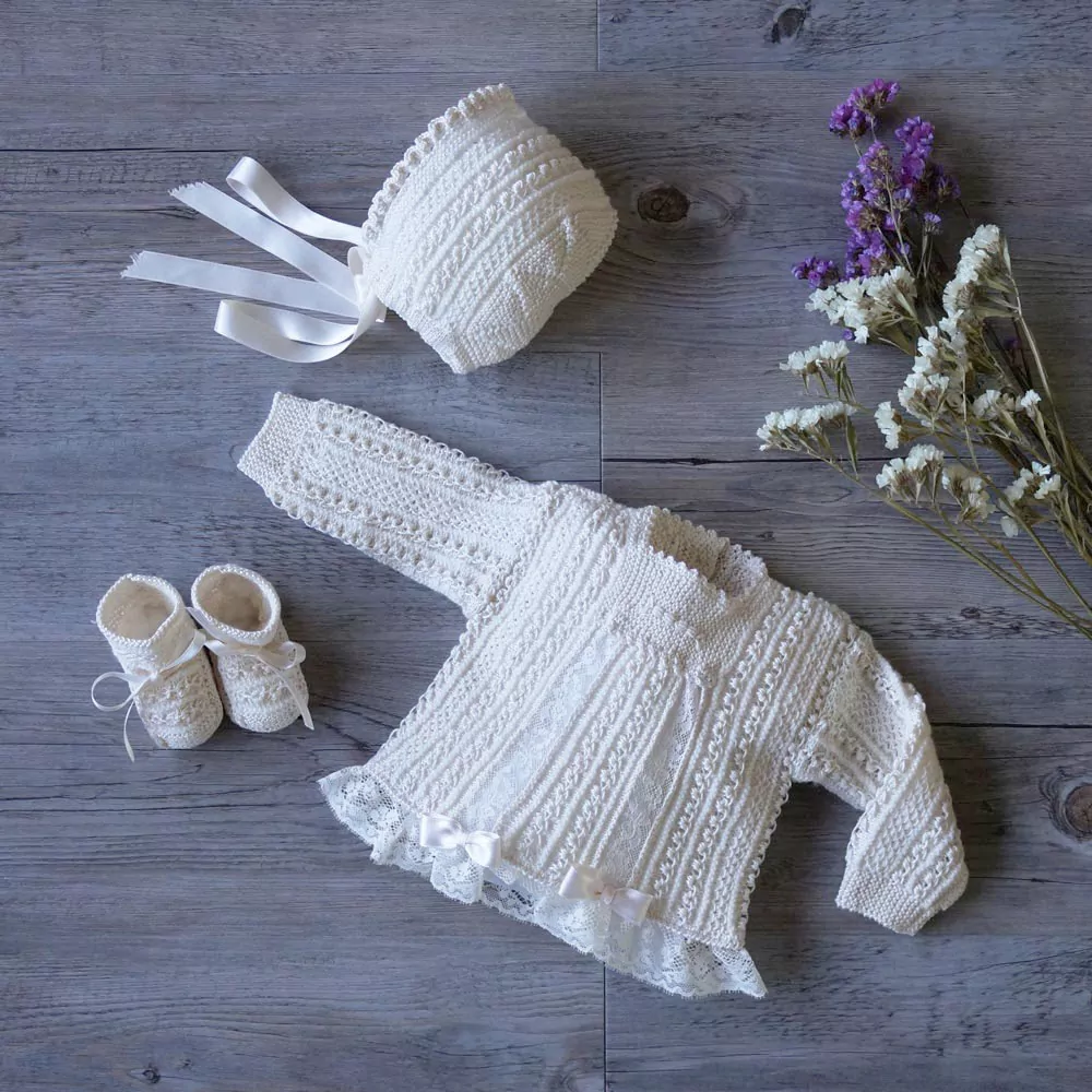 Heirloom hand knit and lace baby sweater set