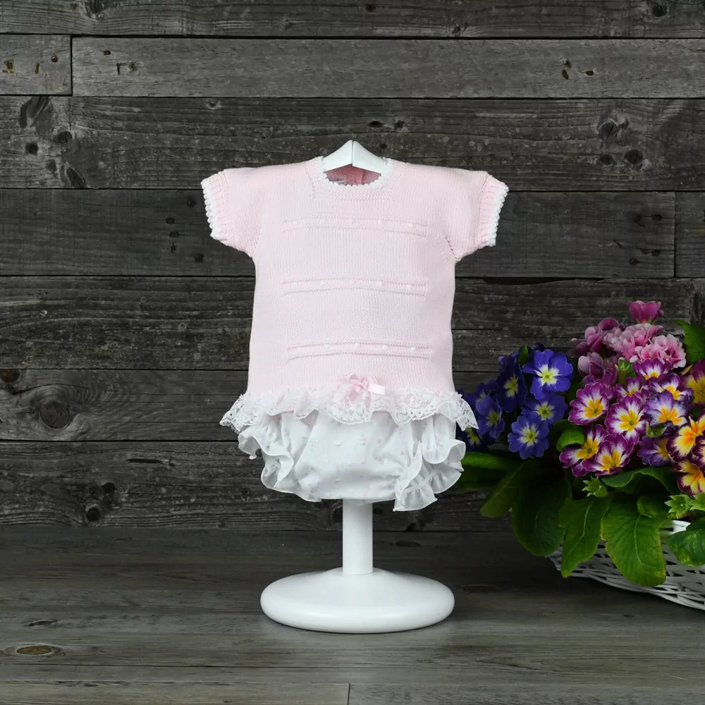 Conjunto jersey de perlé y ranita de plumeti estampada