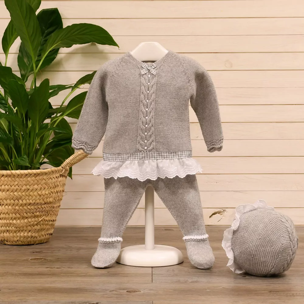 Conjunto de punto 3 piezas, Polaina, Jubón y Capota